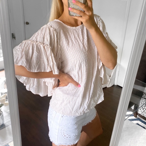 🐚 PILCRO ANTHROPOLOGY BOHO BEIGE WHITE STRIPE BELL SLEEVE LOOSE TOP! - Picture 2 of 9